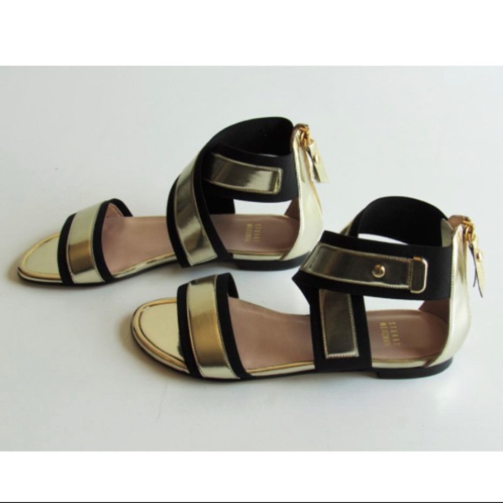 Stuart Weitzman black and gold zip up sandals